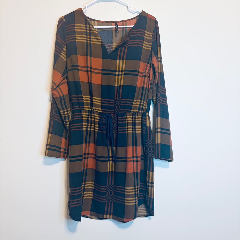 Peppermint Plaid V-Neck Drawstring Mini Dress in Rust, Olive & Navy